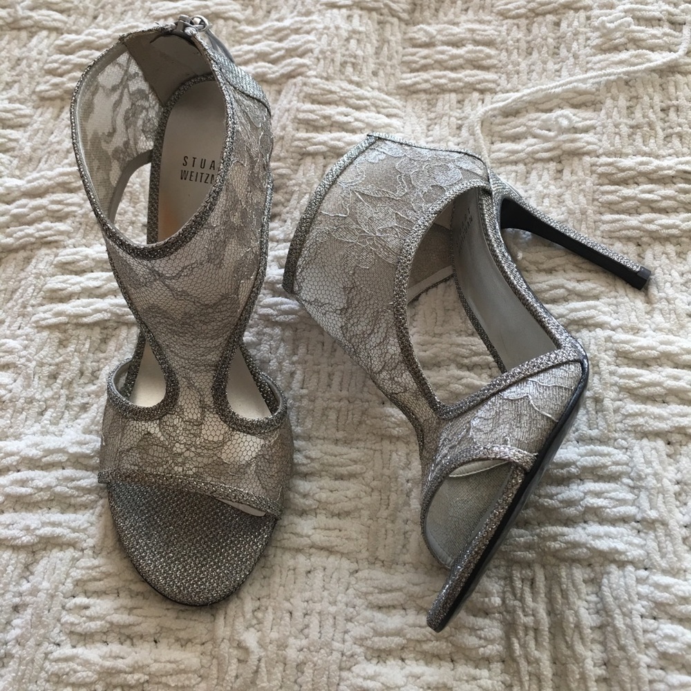 Stuart Weitzman Silver Lace Heel Sandal NWOT 38